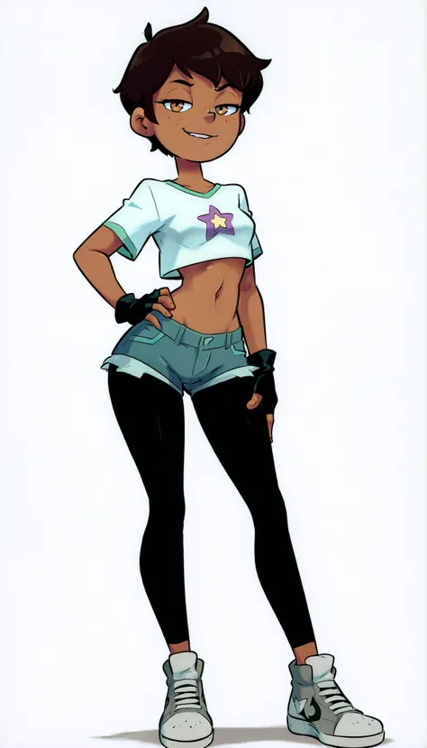 1 Girl, Solo, Brown hair, (brown skin), (Magenta and white short-sleeved cropped sweatshirt), (short denim shorts), (Dark Grey tight leggings), (plain white sneakers), (fingerless gloves), black gloves, (pixie cut), honey eyes, smug,, athletic body, slim b...