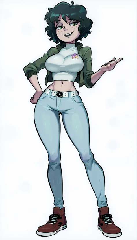 1 Girl, Solo, Dark green hair, curly hair, short hair, green eyes, freckles, green long-sleeved short jacket, Closed jacket, turtleneck jacket, short jacket, Mid-rise straight jeans, denim pants, straight jeans, mid-rise jeans, white belt, Red sneakers, Bl...