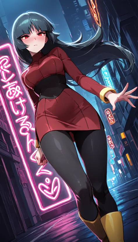 quality_ Masterpiece, anatomically correct, vivid colors, 8k quality 1 girl, Sabrina Pokémon, solo, long inky black coloured hair, red eyes, light skin, slight blush, medium sized breasts, perfect hands, perfect fingers , red dress, black leggings, boots, ...