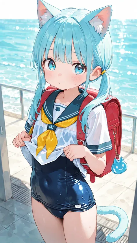 Cute,a woman has a sexy body in a swim suit to her face, 1girl, swimsuit, solo, one-piece swimsuit, bag, school swimsuit, swimsuit under clothes, school uniform, animal ears, backpack, serafuku, twintails, looking at viewer, neckerchief, blue eyes, cat ears, shirt, bangs, long hair, clothes lift, blue hair, standing, shirt lift,,sailor collar ,sea
