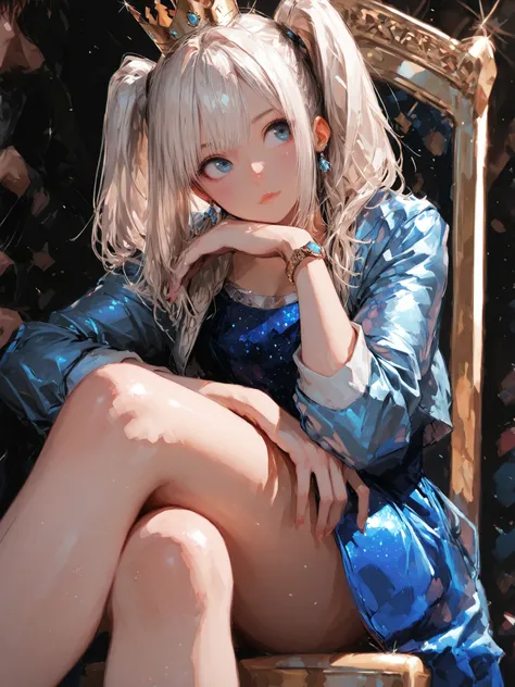 Queen,twin tails,ハートのQueen, rewind,Gorgeous Dress,Sit on a glittering chair,legs crossed,Cheek resting on hand,1 person,solo, ,,The background is softly illuminated ,,realistic,low angle,has a spiritual atmosphere,,, (masterpiece, 最High Quality, High Quali...
