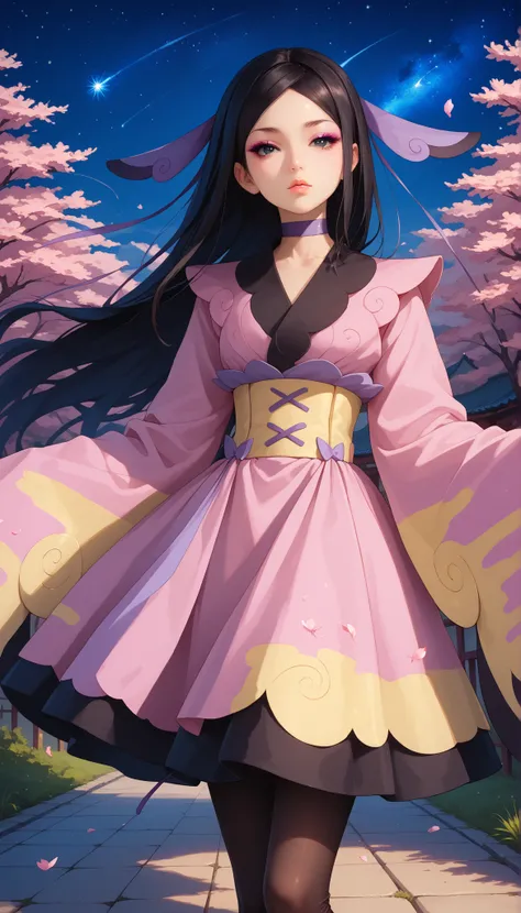 zzValerie, long hair, black hair, hair blowing in wind, big black eyes, anime eyes, highly detailed face, glossy detailed lips, parted bangs, eyeshadow, hair ornament, black pantyhose, choker, dress, furisode, highly detailed clothing, japanese clothes, ki...