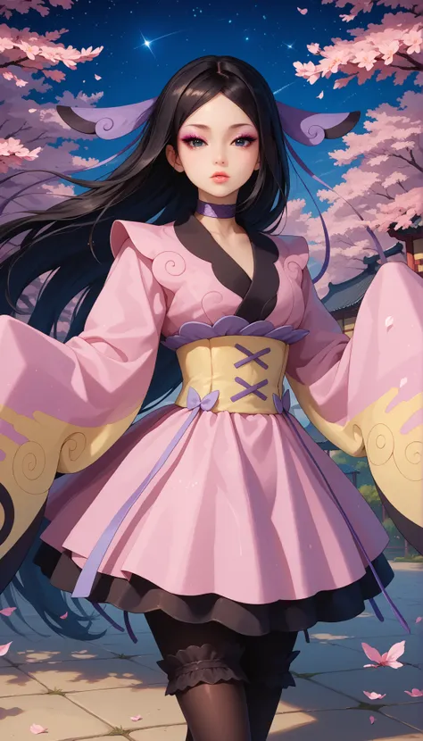 zzValerie, long hair, black hair, hair blowing in wind, big black eyes, detailed doll like glossy eyes, highly detailed face, glossy detailed lips, parted bangs, eyeshadow, hair ornament, black pantyhose, choker, dress, furisode, highly detailed clothing, ...