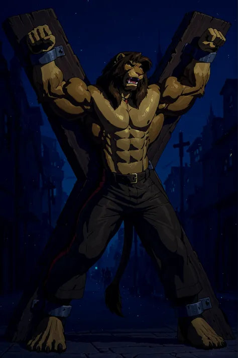 Galen Dhaelos,mitzakan,in Stocks Pose,Cuffs on Ankles and Wrists,mitzakan,CROSS_X,Crucifixion,arms spread,legs spread,x-cross (bdsm),bondage, restrained, legs apart, Mitzakan, (masterpiece, highly detailed face, detailed realistic dark brown eyes),  Highes...