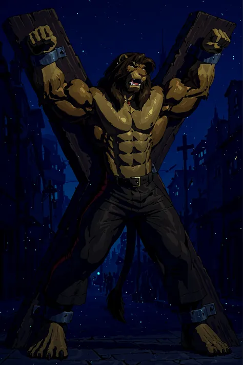 Galen Dhaelos,mitzakan,in Stocks Pose,Cuffs on Ankles and Wrists,mitzakan,CROSS_X,Crucifixion,arms spread,legs spread,x-cross (bdsm),bondage, restrained, legs apart, Mitzakan, (masterpiece, highly detailed face, detailed realistic dark brown eyes),  Highes...