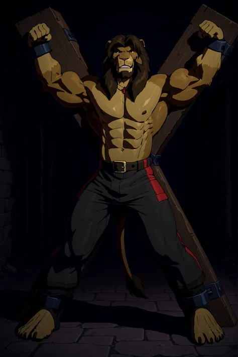 Galen Dhaelos,mitzakan,in Stocks Pose,Cuffs on Ankles and Wrists,mitzakan,CROSS_X,Crucifixion,arms spread,legs spread,x-cross (bdsm),bondage, restrained, legs apart, Mitzakan, (masterpiece, highly detailed face, detailed realistic dark brown eyes),  Highes...