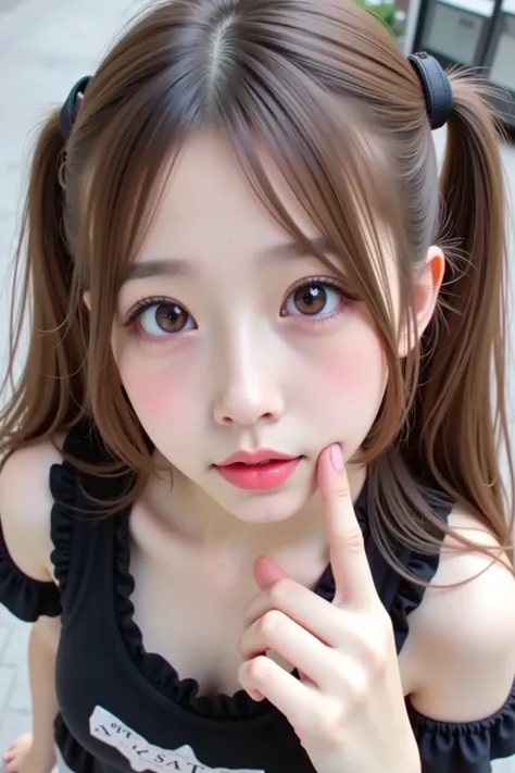 ,((Looking up 1.2)) ,(fisheye lens 2.0),Young and radiant skin, Marshmallow-like cheeks , in the city,((Close-up of face 1.5)), ((bulges cheeks 1.2)),((Don't look at the viewer 1.8)), ((Shift your gaze sideways)),((Put your finger on your cheek)), age 16 ,...