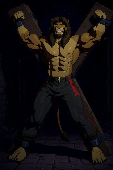 Galen Dhaelos,mitzakan,in Stocks Pose,Cuffs on Ankles and Wrists,mitzakan,CROSS_X,Crucifixion,arms spread,legs spread,x-cross (bdsm),bondage, restrained, legs apart, Mitzakan, (masterpiece, highly detailed face, detailed realistic dark brown eyes),  Highes...