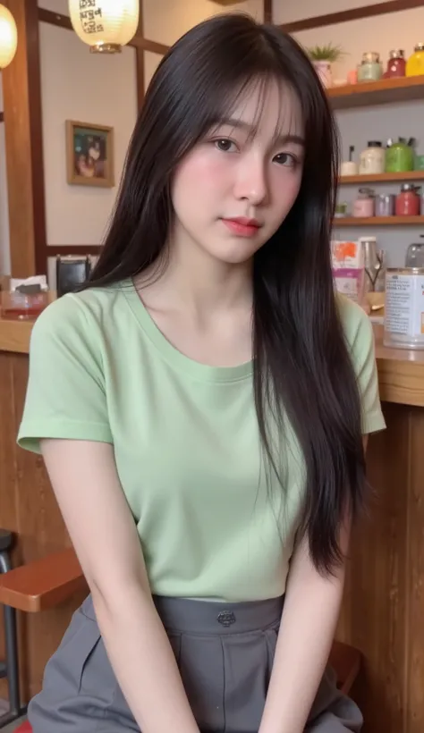 Realistic Teen Women Beautiful Face Black Long Hair Big Breasts Attractive Shape Looking At Camera 8K High Definition Sharp Focus Very High Detail Realistic Like Photo Natural Light Smooth Skin
She sits in a Japanese sweet shop in Sampheng, inside a vintag...
