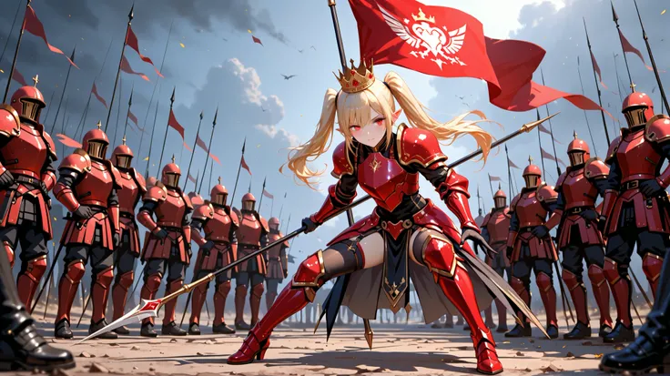 ung woman、 red eyes、Blonde、twin tails、pointed ears、Queen、crown、Inspire、Full Body、Battlefield Scenery 、Raising the Flag、soldiers wearing red armor、masterpiece、top quality:2.0、