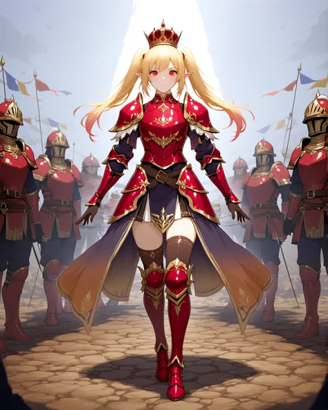 ung woman、 red eyes、Blonde、twin tails、pointed ears、Queen、crown、Inspire、Full Body、Battlefield Scenery 、Women raise flags、soldiers wearing red armor、speech、World Conquest、masterpiece、top quality:2.0、