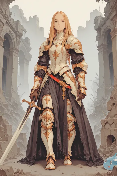 solo,looking at viewer, I'm sticking my sword to the ground and putting my hands on top of each other on the handle、From front,jnglruins,soul knight,Painstaking Attention To Details,bad anatomy,detailxl,fft_style,1 girl, white armor, sword, Decayed ruins、c...