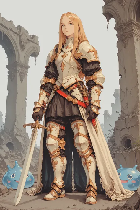 solo,looking at viewer, I'm sticking my sword to the ground and putting my hands on top of each other on the handle、From front,jnglruins,soul knight,Painstaking Attention To Details,bad anatomy,detailxl,fft_style,1 girl, white armor, sword, Decayed ruins、c...