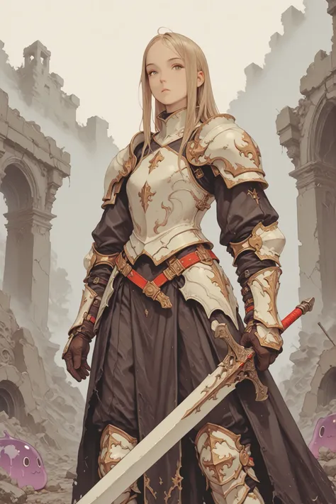 solo,looking at viewer, I'm sticking my sword to the ground and putting my hands on top of each other on the handle、From front,jnglruins,soul knight,Painstaking Attention To Details,bad anatomy,detailxl,fft_style,1 girl, white armor, sword, Decayed ruins、c...
