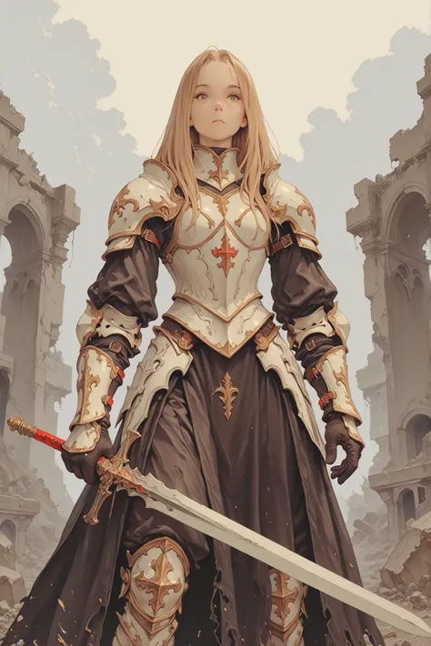solo,looking at viewer, I'm sticking my sword to the ground and putting my hands on top of each other on the handle、From front,jnglruins,soul knight,Painstaking Attention To Details,bad anatomy,detailxl,fft_style,1 girl, white armor, sword, Decayed ruins、c...