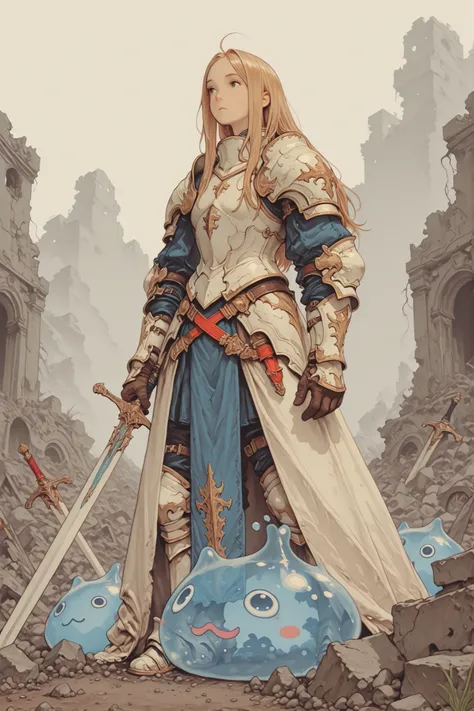 I'm sticking my sword to the ground and putting my hands on top of each other on the handle、From front,jnglruins,soul knight,Painstaking Attention To Details,bad anatomy,detailxl,fft_style,1 girl, white armor, sword, Decayed ruins、cat slime