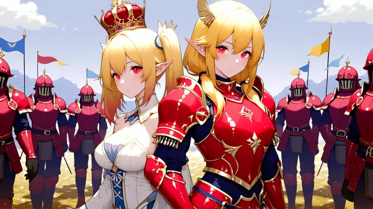 score:9、ung woman、 red eyes、Blonde、twin tails、pointed ears、Queen、crown、Inspire、Battlefield Scenery 、Women hold flags、Women raise big flags、soldiers wearing red armor、World Conquest、masterpiece、top quality:2.0、From the side、