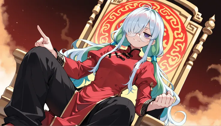( masterpiece , best quality , high quality ,8k,)  solo (beautiful-man,:1.4) Emperor king crown (23 yo :1.4)  (jitome:1.4) muscular male flat-chest (green-wavy-long-Twin tails-hair:1.6) (hair over one eye, bangs, long bangs, :1.4) (round-glasses :1.4) purp...