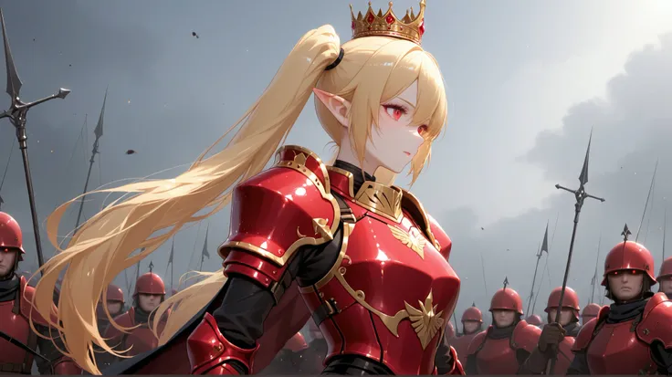 score:9、ung woman、 red eyes、Blonde、twin tails、pointed ears、Queen、crown、Inspire、Battlefield Scenery 、soldiers wearing red armor、masterpiece、top quality:2.0、From the side、