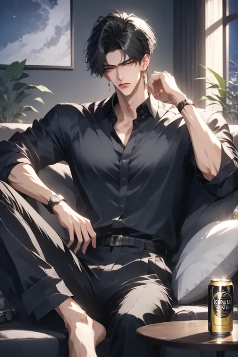  male、solo、  Beautiful mature woman in a black shirt and pants、shirt buttons,   can of beer、 tired、 Relaxed、Relaxing、 Put your hands on the couchにもたれて座っている、  Late 20s、 long bangs、dark hair、 green eyes、 Barefoot、 １Pcs of earrings、 Keen Eyes、 intellectual、  ...
