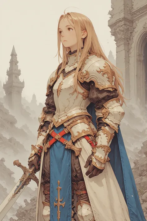 jnglruins,soul knight,Painstaking Attention To Details,bad anatomy,detailxl,fft_style,1 girl, white armor, sword, 朽ちた遺跡、ネコスライム
