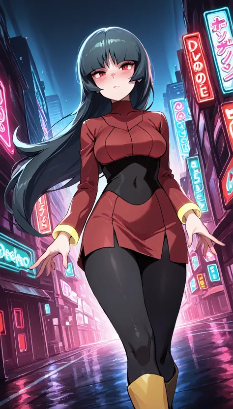 quality_ Masterpiece, anatomically correct, vivid colors, 8k quality 1 girl, Sabrina Pokémon, solo, long inky black coloured hair, red eyes, light skin, slight blush, medium sized breasts, perfect hands, perfect fingers , red dress, black leggings, boots, ...