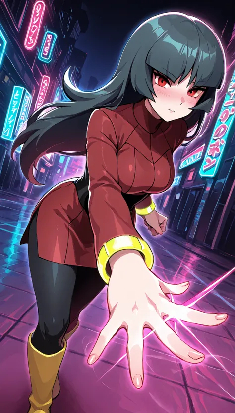 quality_ Masterpiece, anatomically correct, vivid colors, 8k quality 1 girl, Sabrina Pokémon, solo, long inky black coloured hair, red eyes, light skin, slight blush, medium sized breasts, perfect hands, perfect fingers , red dress, black leggings, boots, ...