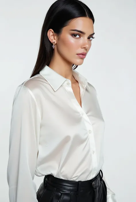 Kendall Jenner, instagram model with a shiny white satin button down shirt, black leather pants, side profile image, white studio background