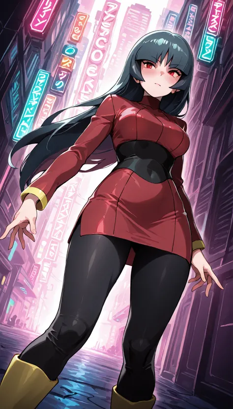 quality_ Masterpiece, anatomically correct, vivid colors, 8k quality 1 girl, Sabrina Pokémon, solo, long inky black coloured hair, red eyes, light skin, slight blush, medium sized breasts, perfect hands, perfect fingers , red dress, black leggings, boots, ...