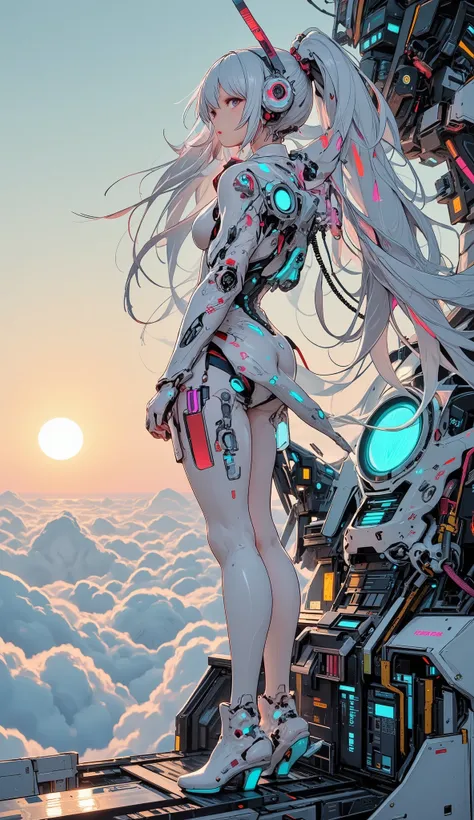Ultra-modern cyberfuturistic concept of a female cyborg android in a white ceramic case, with very long bio-luminescent hair gathered in a double high ponytail as long as her height, like Miku Hatsune, biomechanical fusion, an over-detailed cybernetic head...
