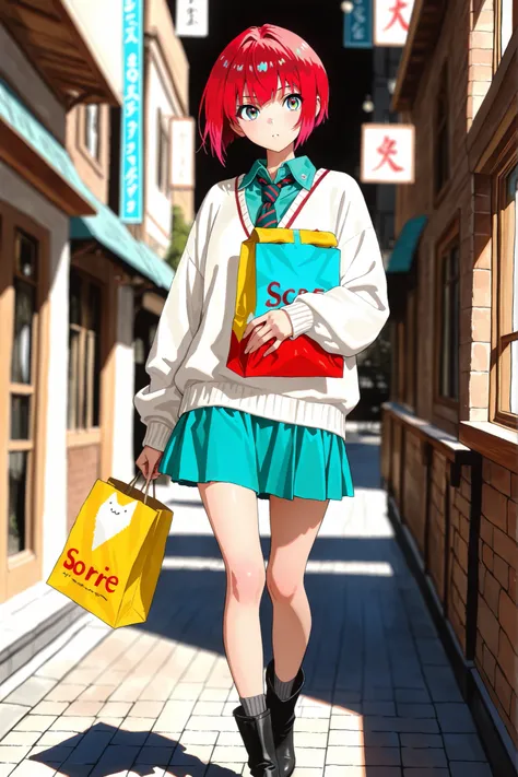 1girl, amate yuzuriha,short hair,red hair,multicolored hair,aqua eyes,multicolored eyes,aqua shirt,striped necktie,white sweater,aqua skirt,grey socks,black boots, depth of field, fake traditional media, Picturesque, Impressionism, masterpiece, high score,...