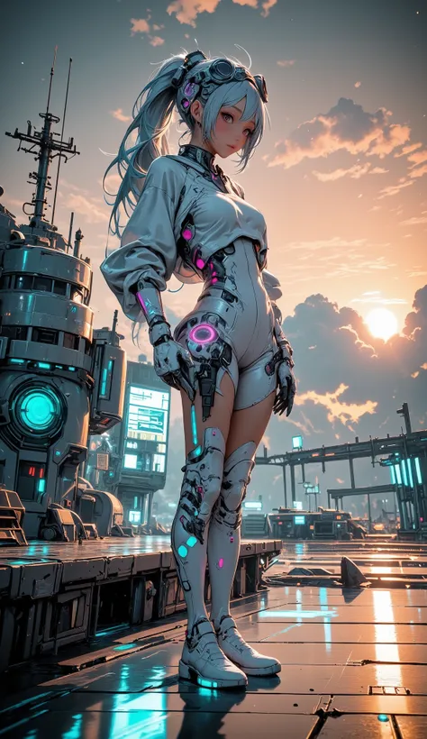 Ultra-modern cyberfuturistic concept of a female cyborg android in a white ceramic case, with very long bio-luminescent hair gathered in a double high ponytail as long as her height, like Miku Hatsune, biomechanical fusion, an over-detailed cybernetic head...