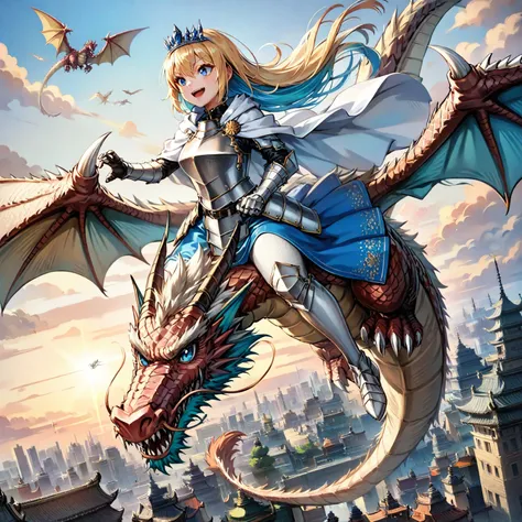 A dragon with big wings flying through the sky, Princess riding on top of a dragon, Incredibly detailed anime-style faces, An angle looking down at the royal capital from above, She touches the dragon's neck while riding on the back of a dragon and shakes ...