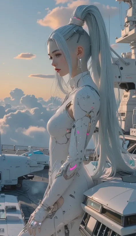 Ultra-modern cyberfuturistic concept of a female cyborg android in a white ceramic case, with very long bio-luminescent hair gathered in a double high ponytail as long as her height, like Miku Hatsune, biomechanical fusion, an over-detailed cybernetic head...
