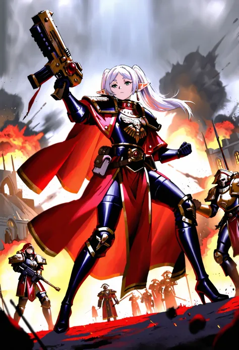 (Best quality (1.3)) (masterpiece (1.2)), volumetric light, high quality, (high resolution (1.2)) 
Anime style.
Warhammer 40000 setting
Frieren from Frieren: Beyond Journey's End. (Adepta Sororitas armor (1.1)), high heels, in hands bolter, battle pose, 
B...