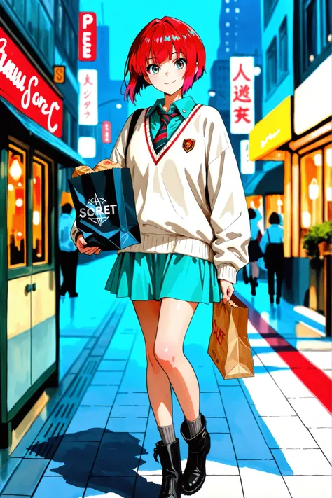 1girl, amate yuzuriha,short hair,red hair,multicolored hair,aqua eyes,multicolored eyes,aqua shirt,striped necktie,white sweater,aqua skirt,grey socks,black boots, depth of field, fake traditional media, Picturesque, Impressionism, masterpiece, high score,...
