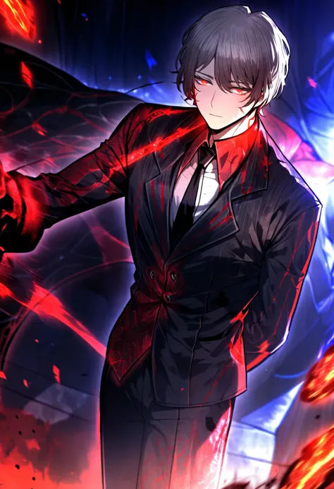 1male, short hair, grey hair, black and red suit, black gloves, black overcoat (project moon), glowing red eyes, white undershirt, black tie, fancy suit, red markings, red flower markings on suit, red flower engravings in suit
