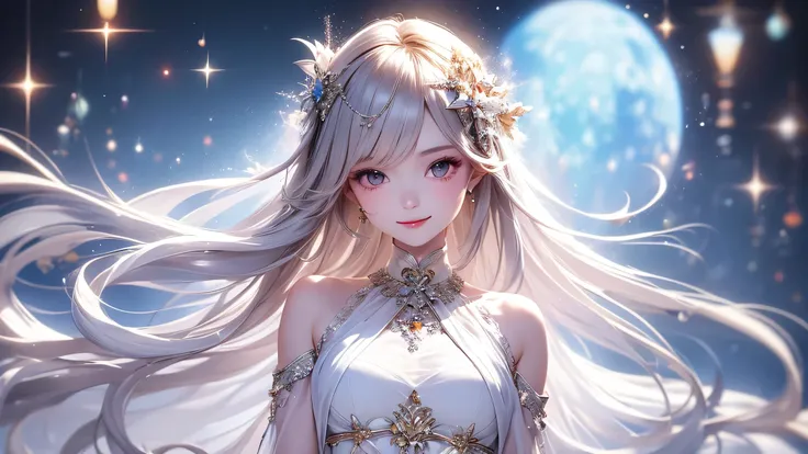 (masterpiece),(4K),High Quality,(small breasts), Sexy Girl、Sexy Saints , long silver hair ,pale skin,smile, Beautiful Detailed Grey Eyes, ( HIGH DEFINITION AND ELEGANT ),( White Capelet Fashion), Magical Color and Atmosphere , detailed skin from sleeve to ...