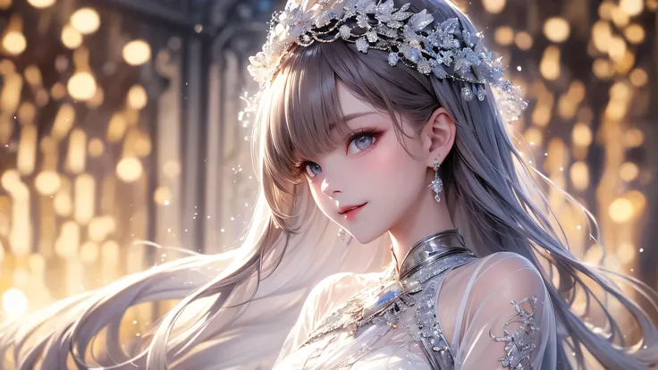 (masterpiece),(4K),High Quality,(small breasts), Sexy Girl、Sexy Saints , long silver hair ,pale skin,smile, Beautiful Detailed Grey Eyes, ( HIGH DEFINITION AND ELEGANT ),( White Capelet Fashion), Magical Color and Atmosphere , detailed skin from sleeve to ...