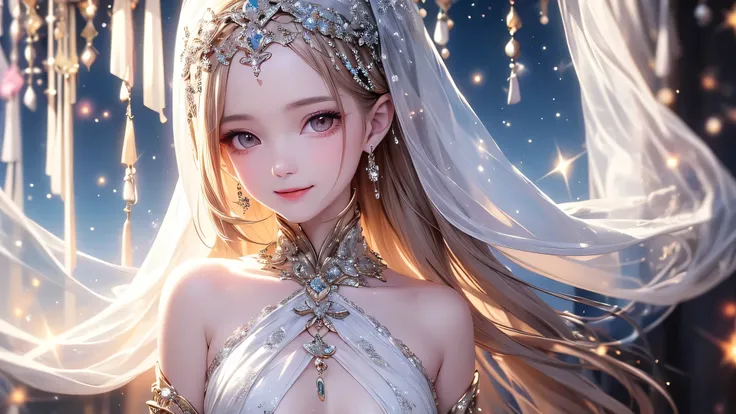 (masterpiece),(4K),High Quality,(small breasts), Sexy Girl、Sexy Saints , long silver hair ,pale skin,smile, Beautiful Detailed Grey Eyes, ( HIGH DEFINITION AND ELEGANT ),( White Capelet Fashion), Magical Color and Atmosphere , detailed skin from sleeve to ...