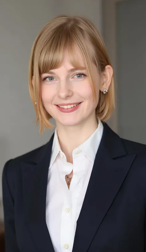 Neat Young Woman、and look at the camera、office lady suit、jacket、shirt、necklace、ear piercing、Bob Hairstyle、blond hair、blue eyes、upper body、smile showing teeth、、background is office

