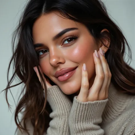 Kendall Jenner, portrait of gorgeous woman with detailed eyes, aran sweater, smiling, happy, detailed hands