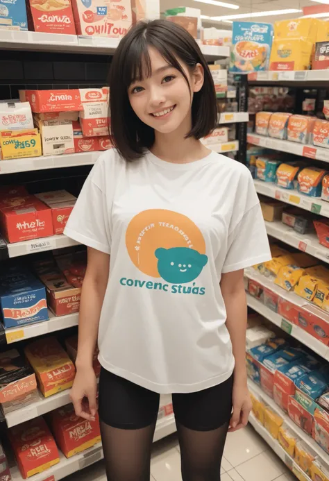 japanese,female,(teen:1.4),black medium hair,Perfect body,Short leggings, oversized t-shirts, convenience stores,smile
