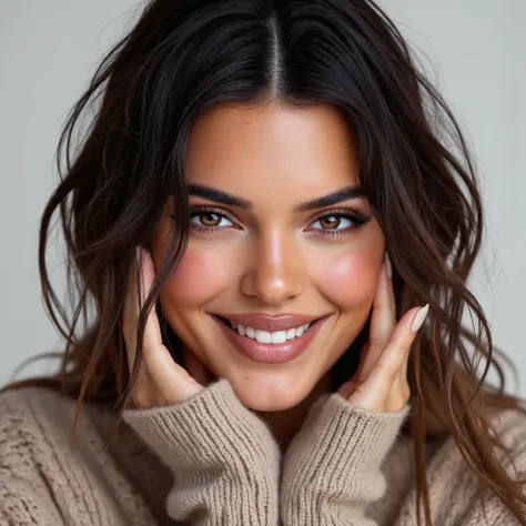 Kendall Jenner, portrait of gorgeous woman with detailed eyes, aran sweater, smiling, happy, detailed hands