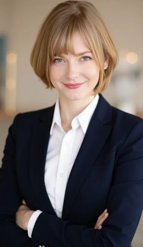 Young Woman、and look at the camera、office lady suit、jacket、shirt、necklace、ear piercing、Bob Hairstyle、blond hair、blue eyes、upper body、smile showing teeth、、background is office
