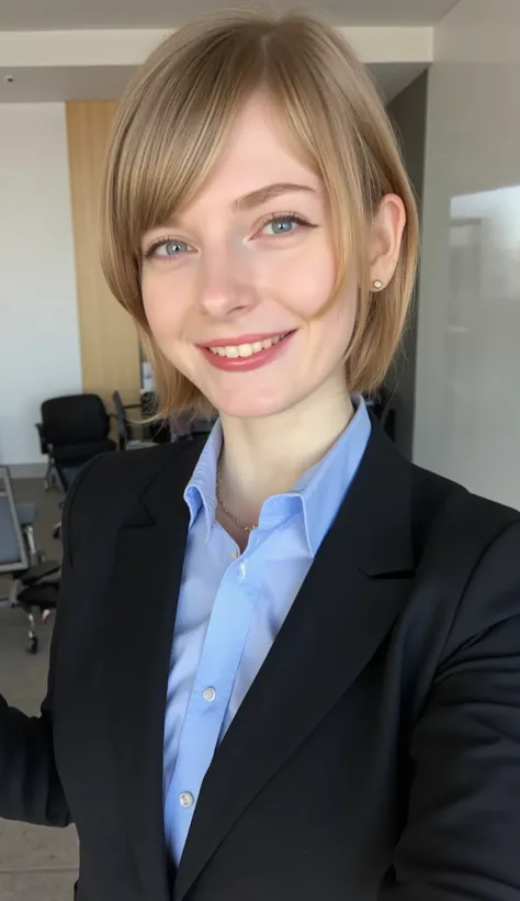 Young Woman、and look at the camera、office lady suit、jacket、shirt、necklace、ear piercing、Bob Hairstyle、blond hair、blue eyes、upper body、smile showing teeth、、background is office