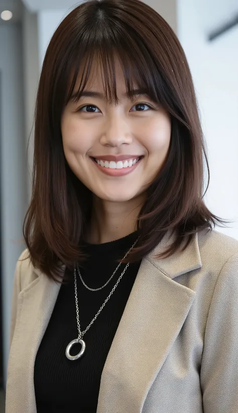 Neat Young Woman、and look at the camera、office lady suit、jacket、shirt、necklace、ear piercing、、smile showing teeth、背景はオフィス