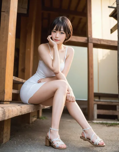 ((Japanese beautiful young idol)),(High Quality,high definition,greatest piece,8k),(Authentic),professional lighting,(),(Knee),5,looking at camera,((shorthair)),(pixie cut hairstyle),((pretty face)),Big iles,(Sandals 1.5),(sea ing ,