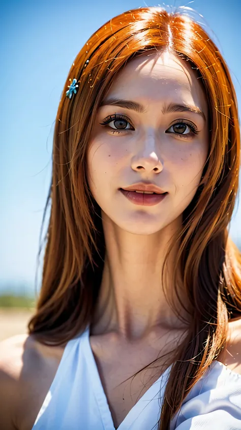 A hyper-realistic close-up portrait of a beautiful real-life woman inspired by Inoue Orihime from Bleach. She is smiling gently, with large expressive eyes, soft fair skin, and long flowing orange hair styled just like in the anime. She wears her iconic wh...
