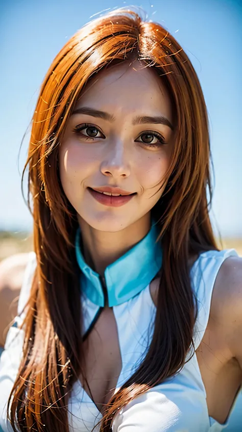 A hyper-realistic close-up portrait of a beautiful real-life woman inspired by Inoue Orihime from Bleach. She is smiling gently, with large expressive eyes, soft fair skin, and long flowing orange hair styled just like in the anime. She wears her iconic wh...